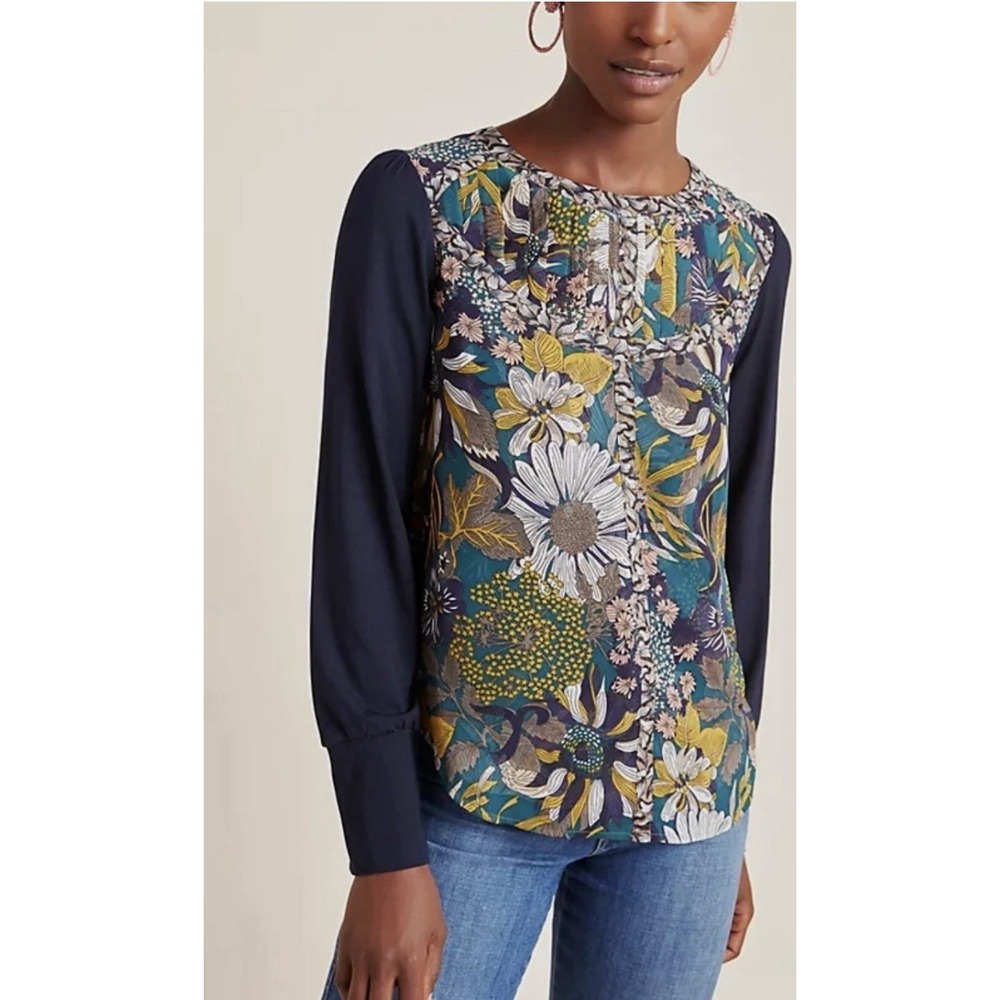 Anthropologie Tiny Wesley Floral Mixed‎ Media Blouse Womens Small Navy Blue $98